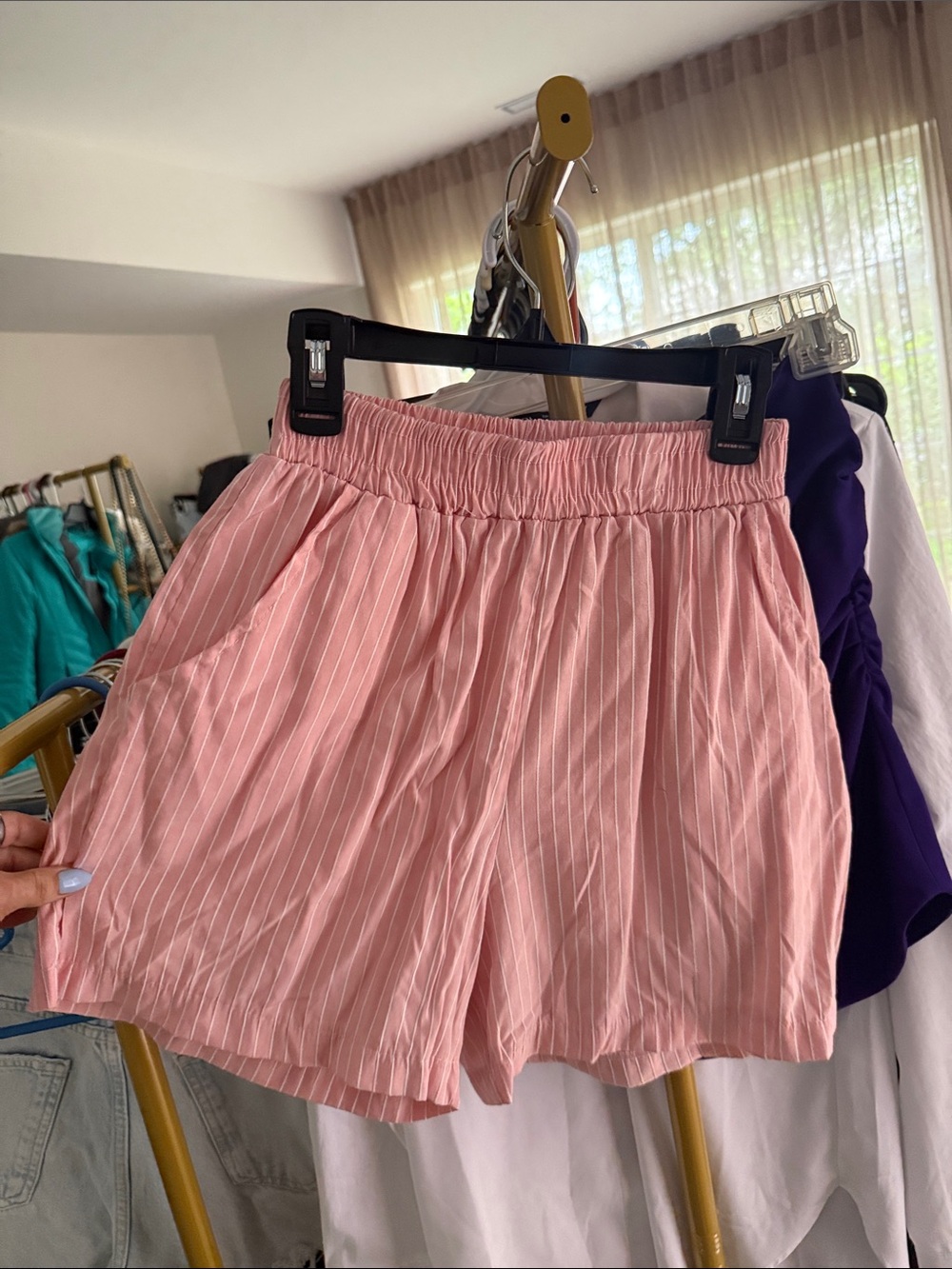 Women's Pink Elastic-Waist Pinstripe Shorts